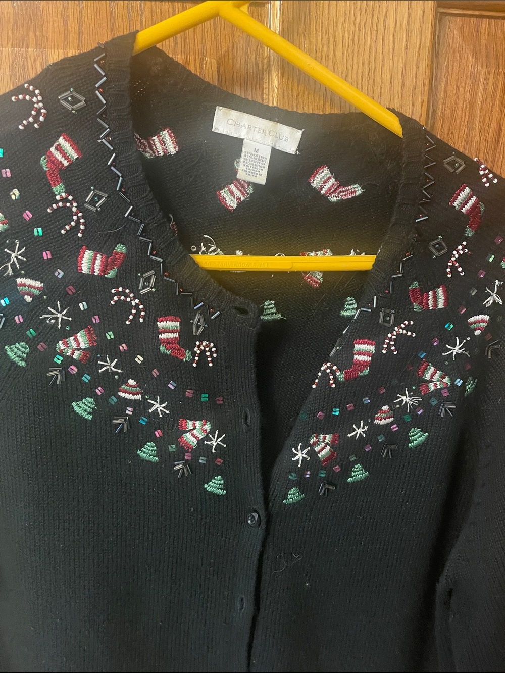 Charter Club Black Holiday Embroidered Cardigan with Red and Green Accents